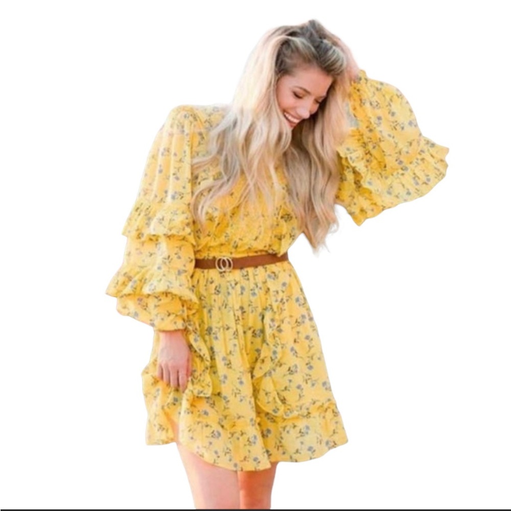 Happy × Nature Yellow Floral Ruffle Meadow Dress Size Small- Brand New